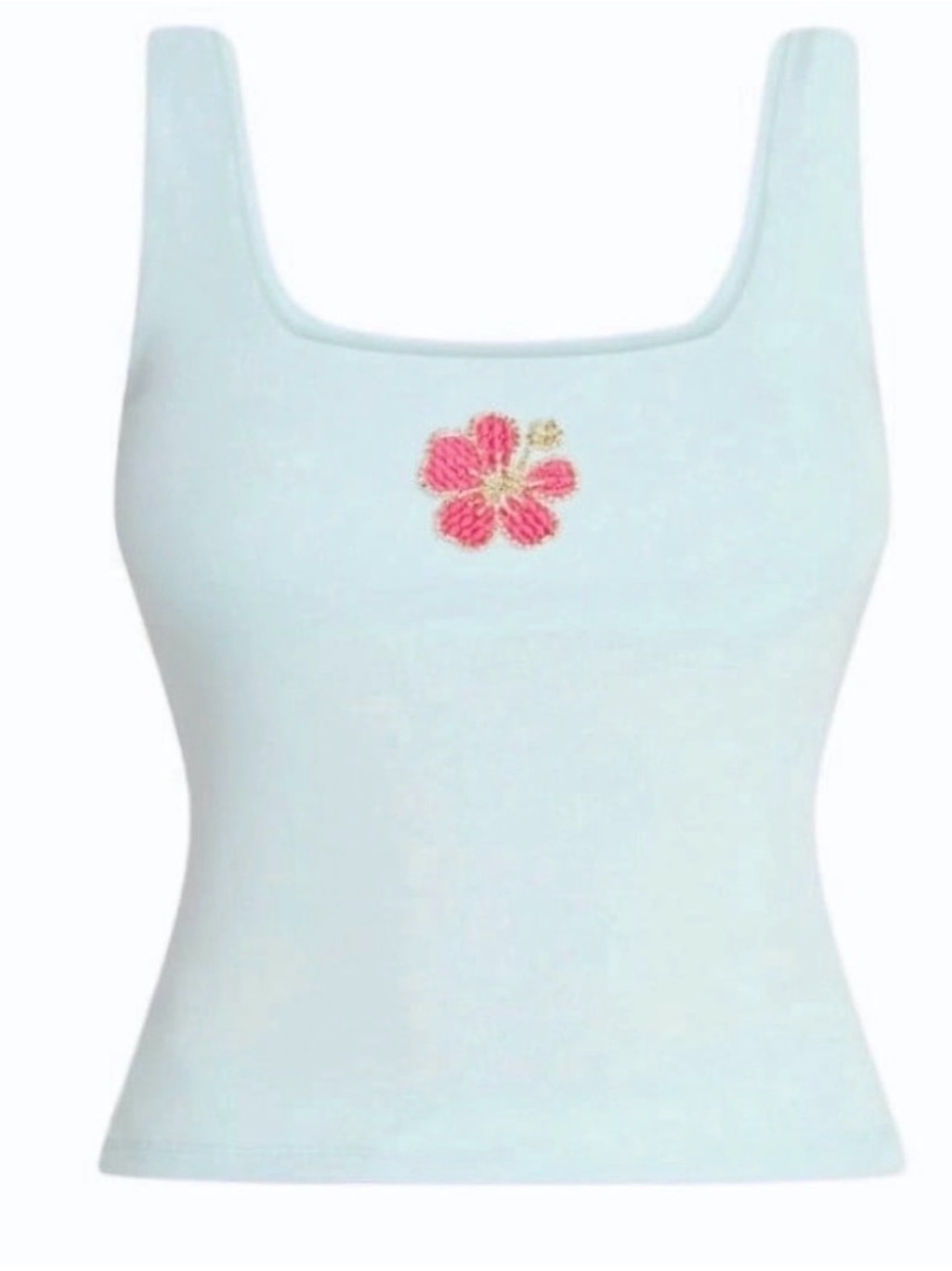 No Boundaries Light Blue Tank Top with Pink Floral Embroidery